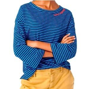 J. Crew Striped Crew Neck T-Shirt 100% Cotton Embroidered French “Avec Amour” XS